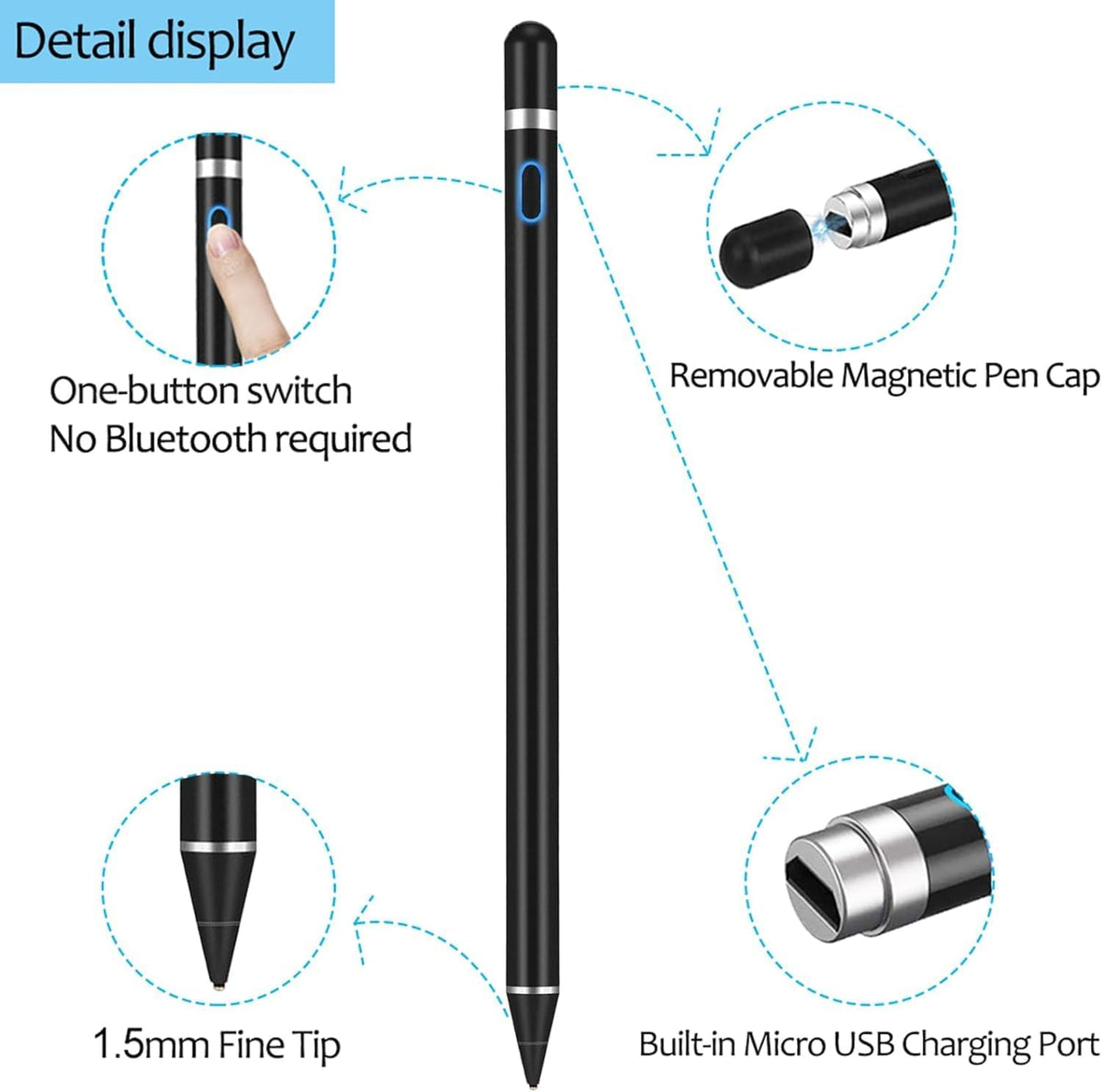 Stylus Pen for Touchscreen, DOGAIN iPad Pencil 1.5mm Fine Point Rechargeable, Tablet Pen for Drawing/Writing/Playing, Stylus Pen for iPad/iPad Air/Mini/Pro/Android/iPhone and Most Device(Black)