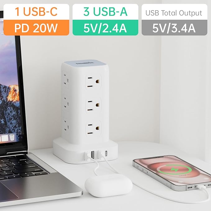 Power Strip with 12 Outlets 4 USB (1 USB C), 10Feet Extension Cord with Multiple Outlets, Charging Station, Power Strip Tower, Home Office Desk Supplies