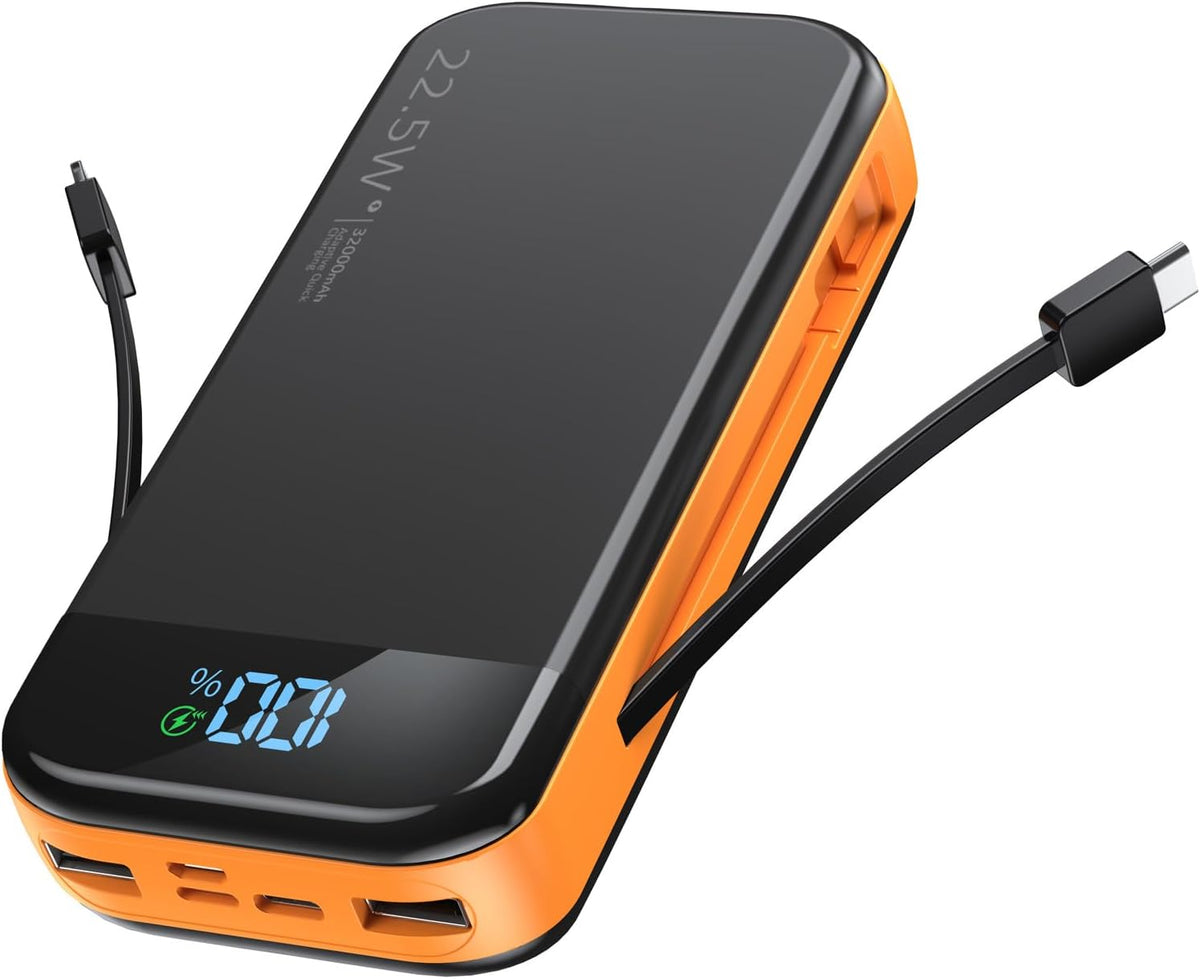 Portable Charger 32000mAh, 22.5W QC 3.0 PD 20W Smart LED Display Fast Charging Built in Cables Power Bank, External Battery Pack Charge 5 Devices Compatible with Cellphones (Orange)