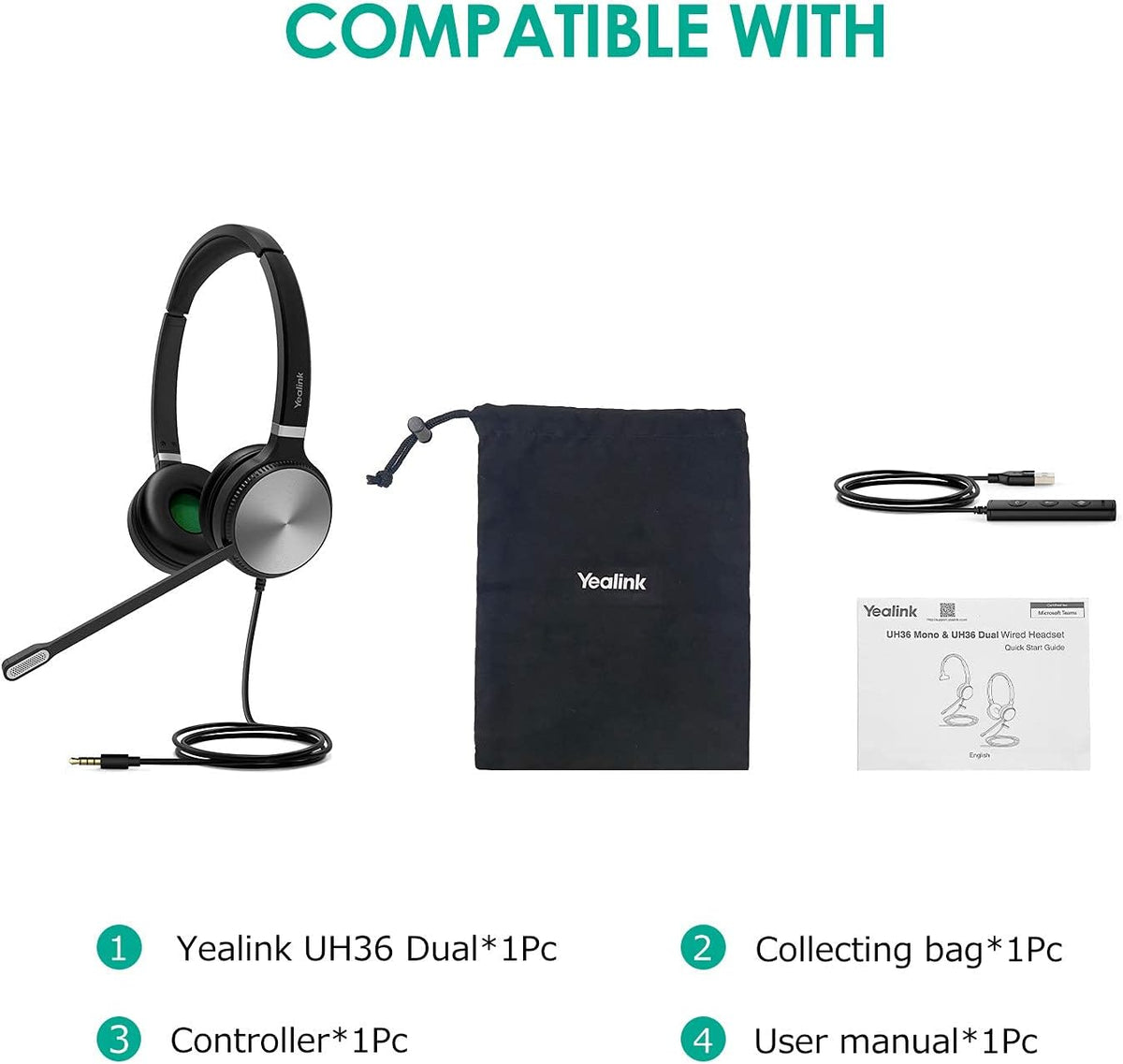 Yealink UH36 Professional USB Headset Wired Headphones for Work Calls and Music, Headset with Noise Cancelling Mic for Computer PC Laptop（UC Compatible, Stereo,3.5mm Jack/USB Connection）