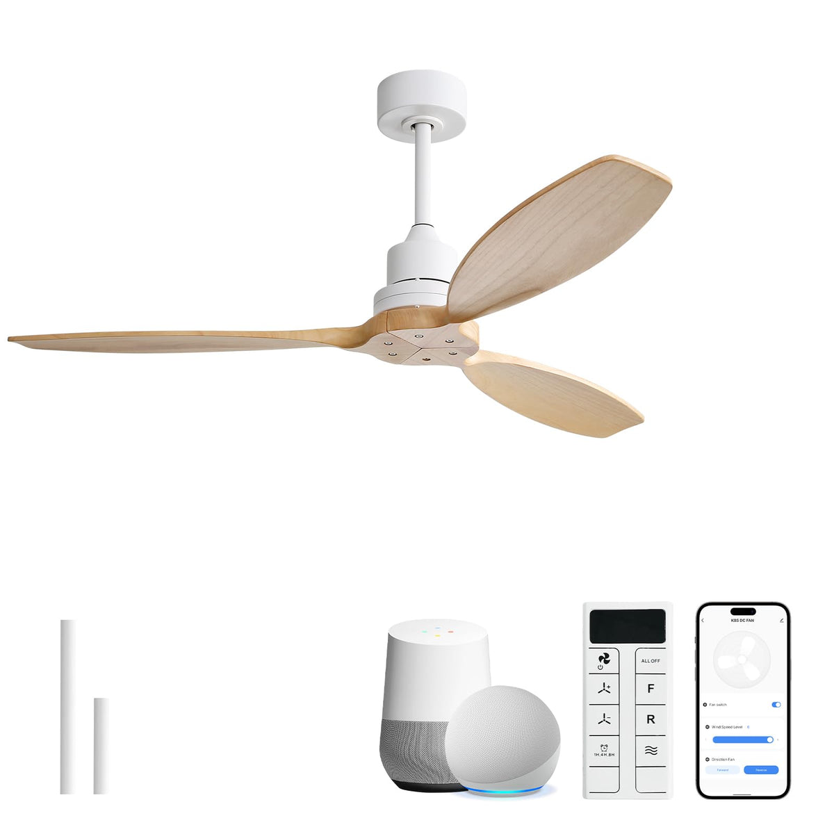 Sofucor 52 Inch Solid Wood Ceiling Fans no Light, Works with App/Alexa/Google, Dimmable 6-Speed Outdoor Ceiling Fan with Remote