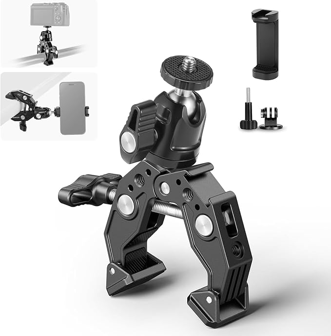 NEEWER ST87 Super Clamp Camera Mount with 360° Ball Head, Phone Holder, Cold Shoe, Action Camera Adapter for Bike Handlebar Pole Desk, Compatible with DJI Osmo Pocket 4 3 Xtra Muse GoPro Hero iPhone