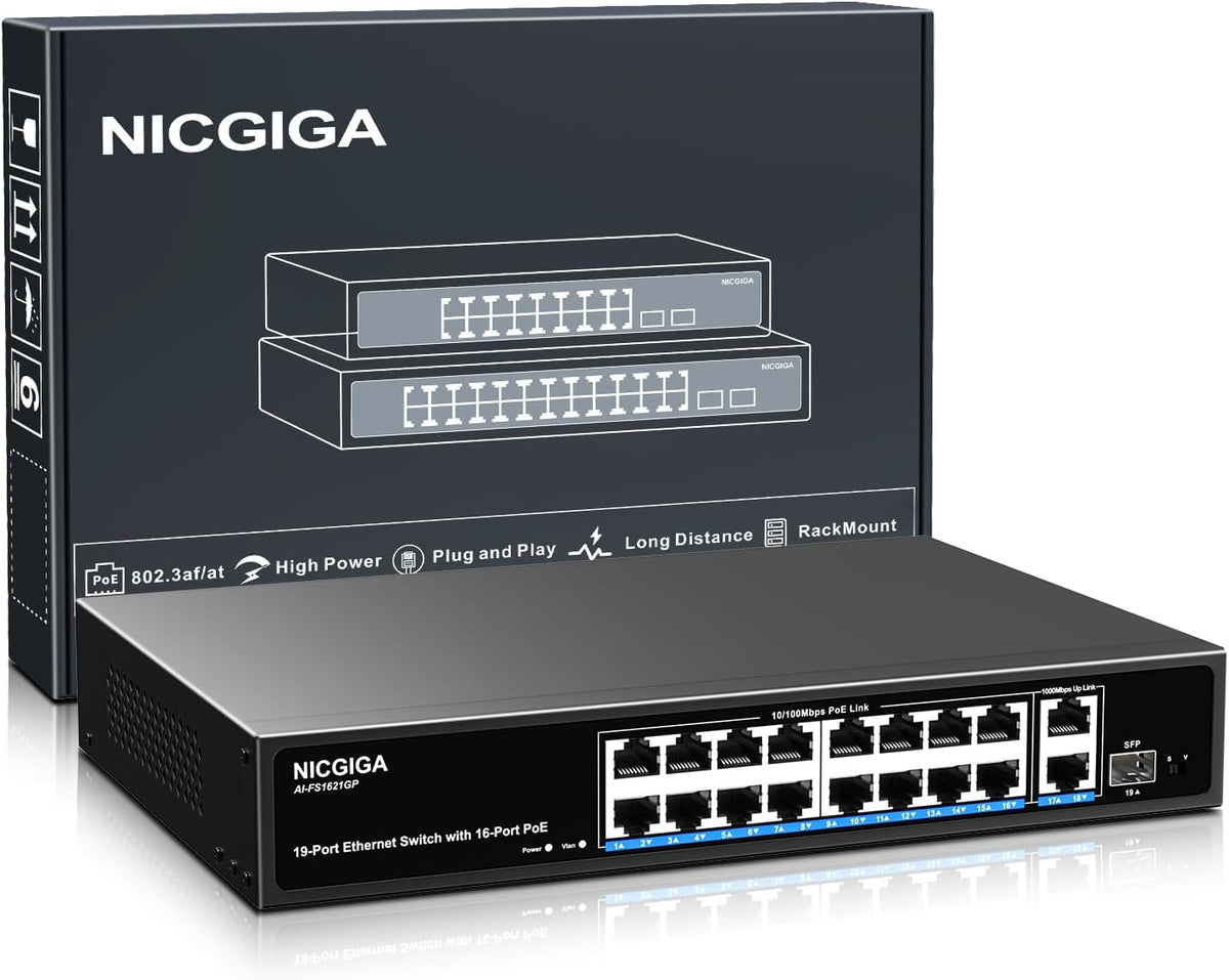 16 Port PoE Switch Unmanaged, 16 Port PoE+@250W, 2 Gigabit Uplink Ports, 1 SFP Port, NICGIGA 19 Port Network Power Over Ethernet Switch, VLAN Mode, AI Watchdog 19 inch RackMount, Plug and Play.