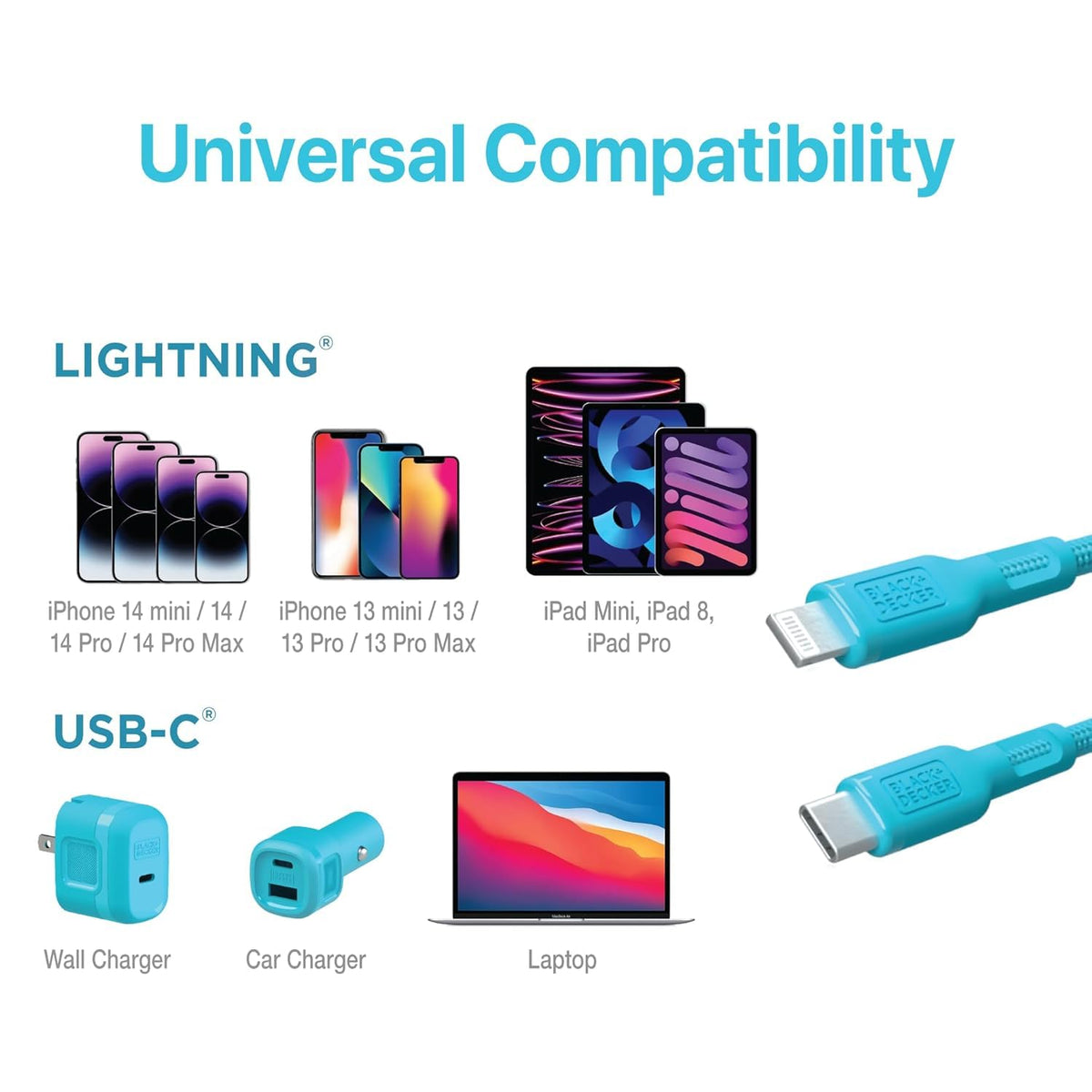 BLACK+DECKER USB C to Lightning Cable - Fast Compatible iPhone Lightning Cable - Durable Braided Type C iPhone Charger Cord - for Travel and Daily Use - Multiple Colors and Lengths - 3ft