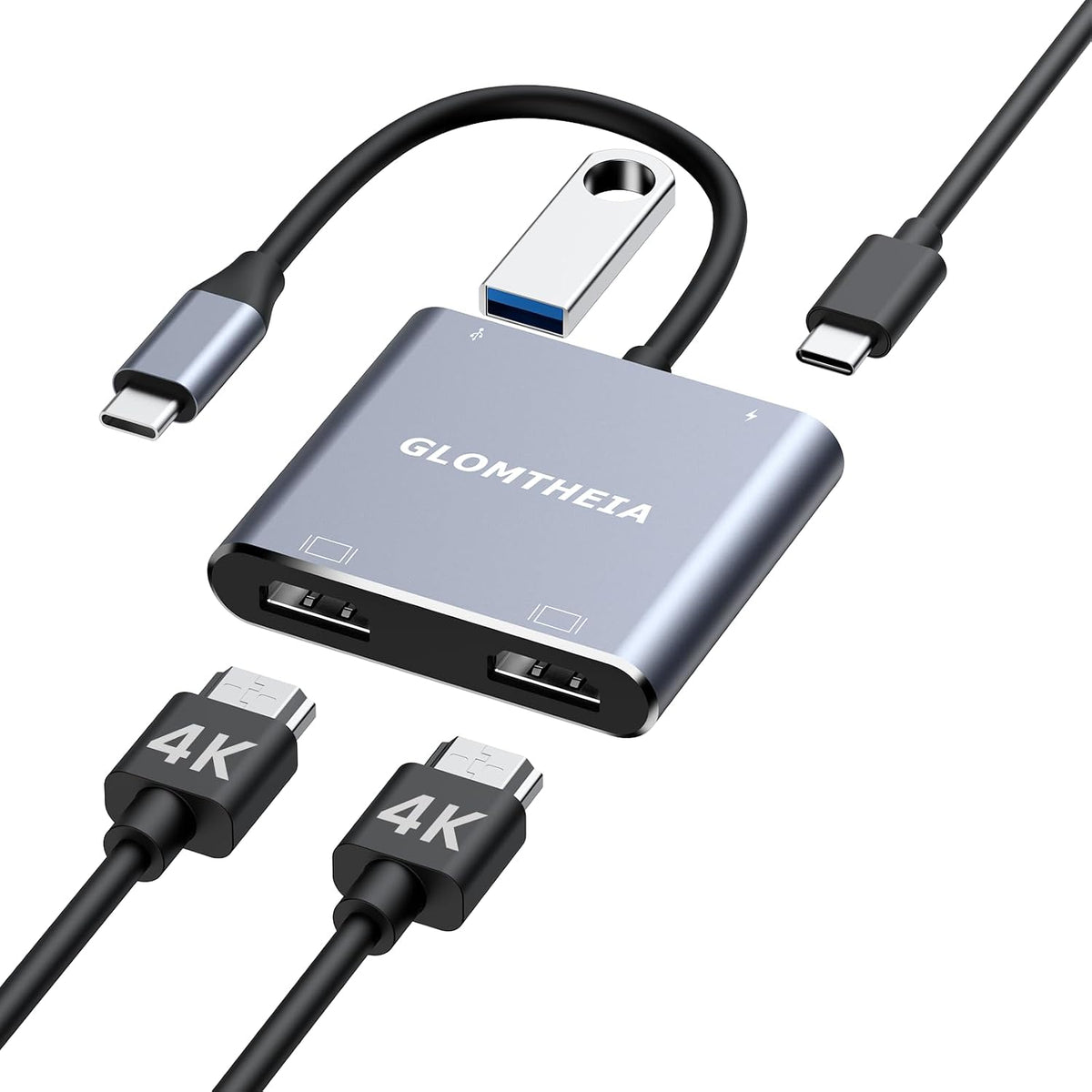 Glomtheia 4K@60Hz 100W 3-Screen USB C to Dual HDMI Adapter, Dual Monitor HDMI Splitter for Extended Display, PD, USB-A