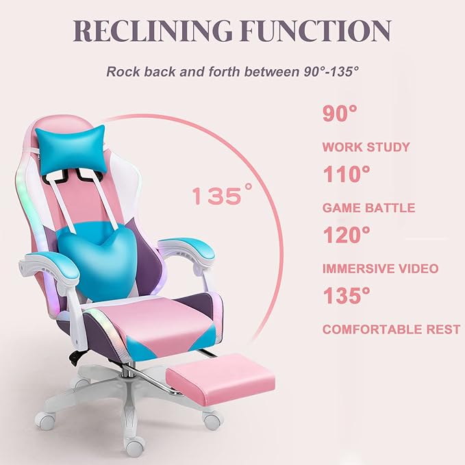 XOOFMASS RGB LED Gaming Chair for Adults Ergonomic Video Game Chair with Speakers Lumbar Support Office Chair Reclining Computer Chair with Footrest PU Leather Chair with Adjustable BackrestPink