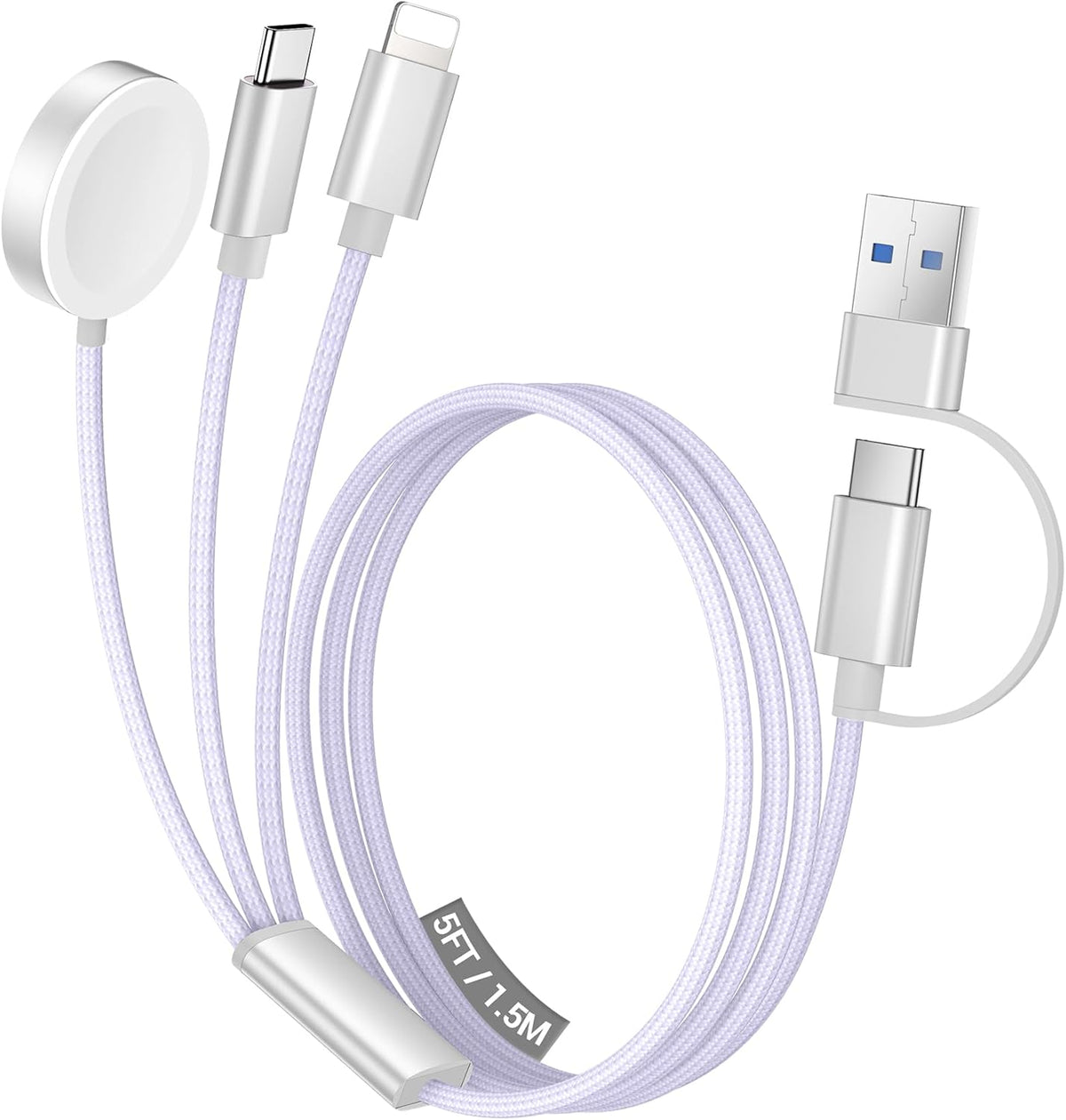 Temdan for Travel Vacation Essentials,3 in 2 USB C Cable for Apple Watch Charger/iPhone 16 Charger/Lightning,Multi Charging Cable Cord,Camping Essentials,Designed for iWatch &iPhone 16-12-5FT Purple