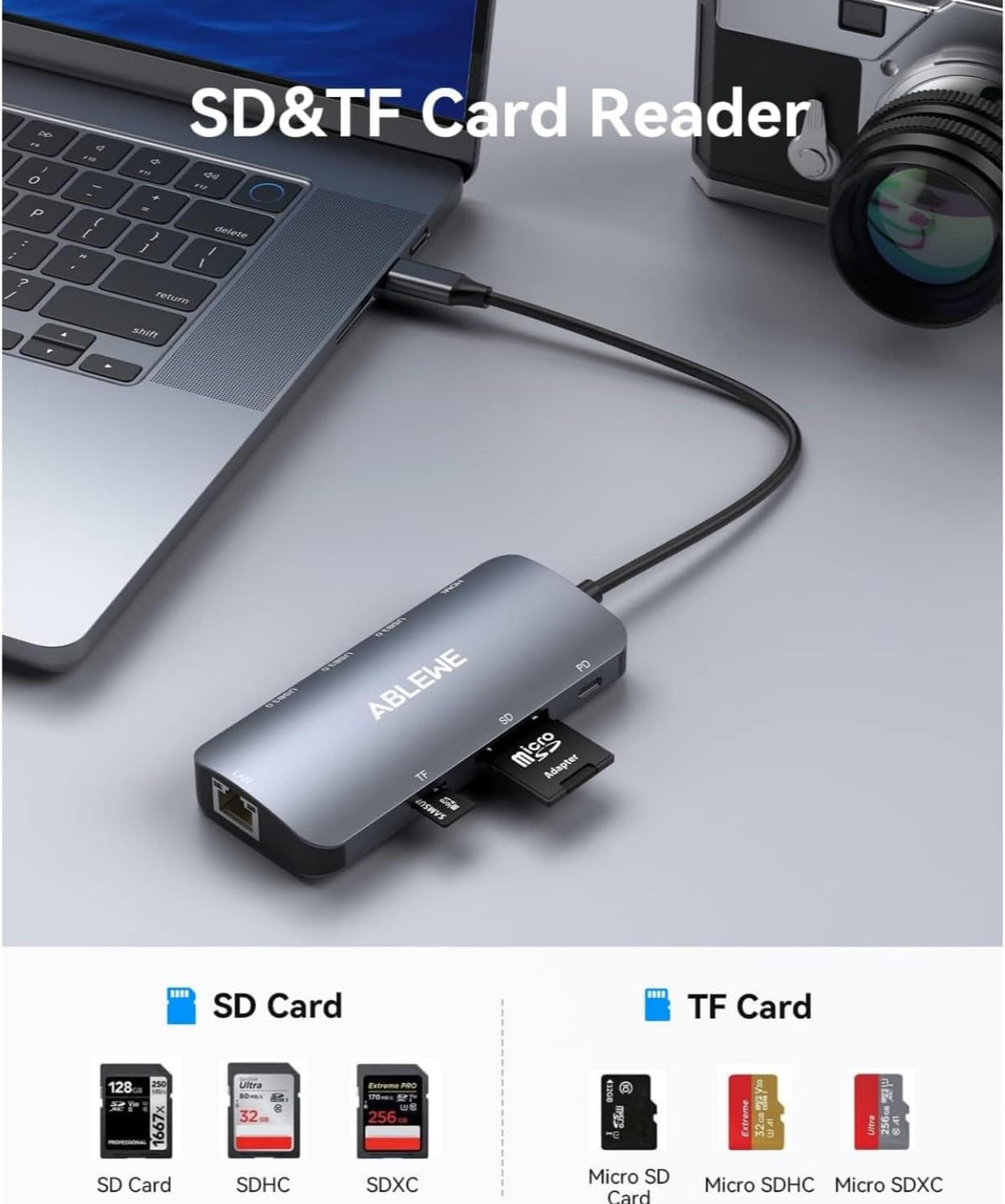 ABLEWE USB C Hub Ethernet, 8 in 1 Multiport USB C to HDMI Adapter 4K@60Hz,1000Mbps, 100W PD, SD/TF Card Reader, 3 USB 3.0 Ports, Docking Station Compatible for MacBook, Tablet, Phone, Type C Devices