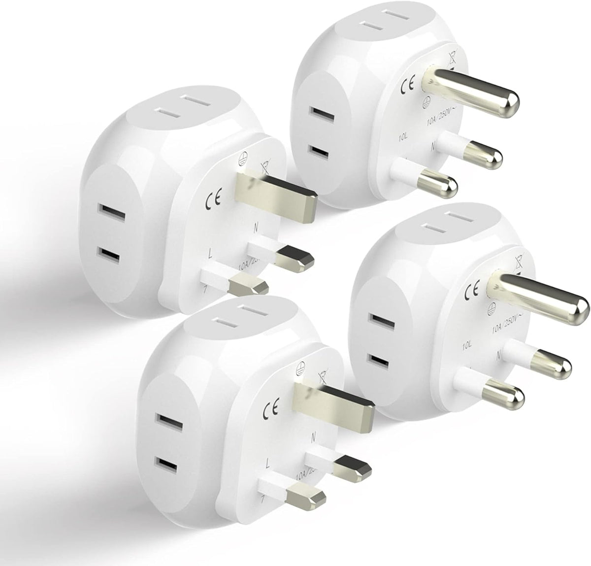 Ceptics South Africa Travel Plug Adapter Set - 4 Input - Ultra Compact - Light Weight - Type M and Type G - USA to Any Type M Countries Such as Botswana, Namibia - 4 Pack (PT-7-10L-4PK),White