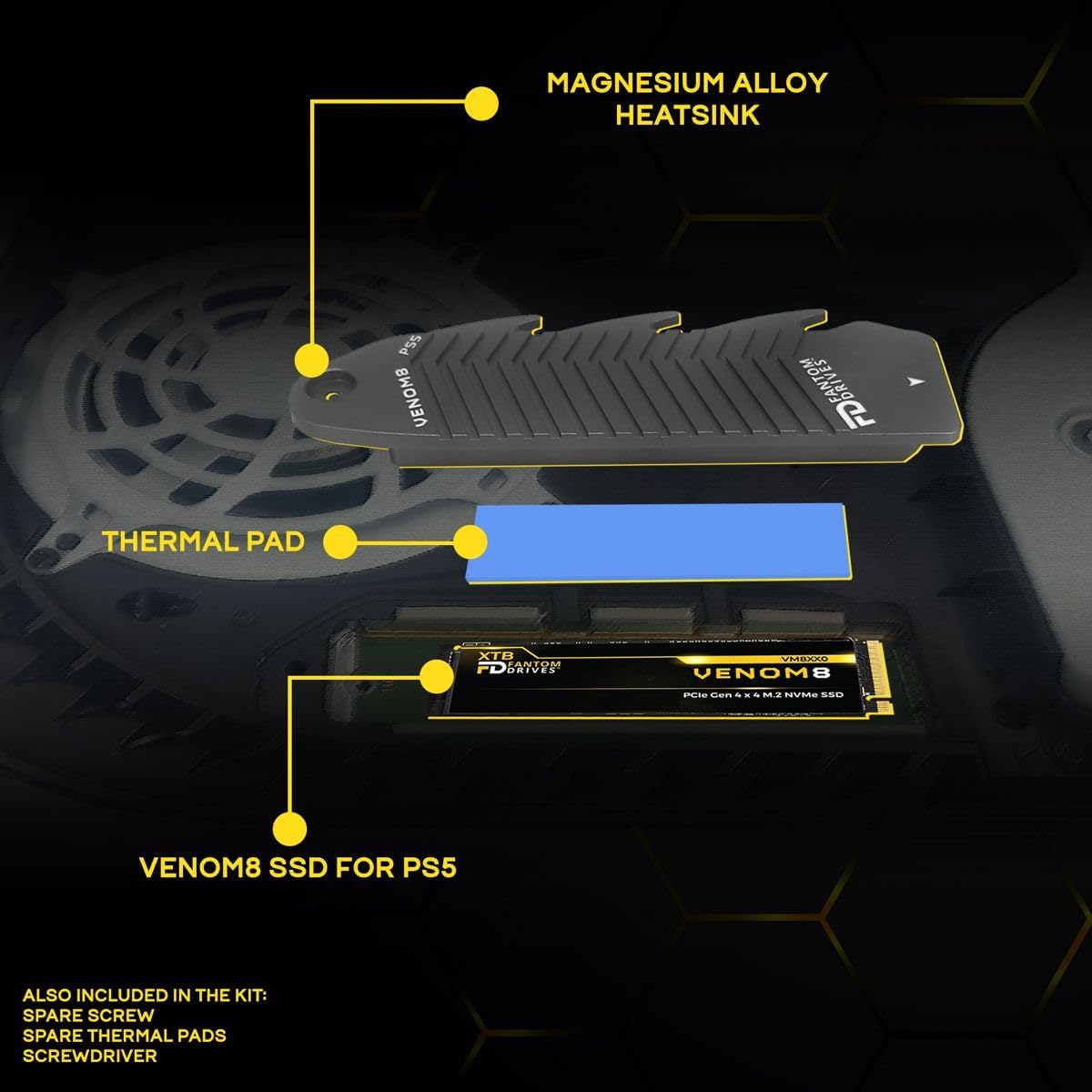 Fantom Drives VENOM8 4TB NVMe Gen 4 M.2 SSD for PlayStation 5 (PS5) Gaming PC & Laptop, Graphics, Video Editing - 3D NAND TLC DDR4 DRAM Cache Internal SSD - Up to 7400MB/s - w/Heatsink (VM8X40-PS5)