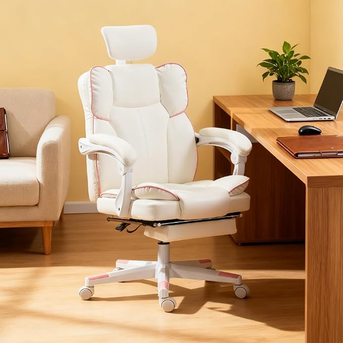 Big and Tall Ergonomic Gaming Office Desk Chair with Footrest &amp Headrest PU Leather Video Game Chairs with Armrests Height Adjustable 360° Swivel Computer Chair for Home Office (White)