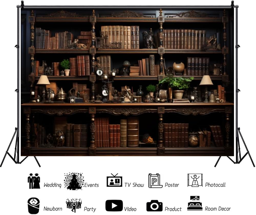 Action Bloom 7x5ft Vintage Bookshelf Backdrop Retro Study Room Photography Background for Zoom Meeting Online Teaching