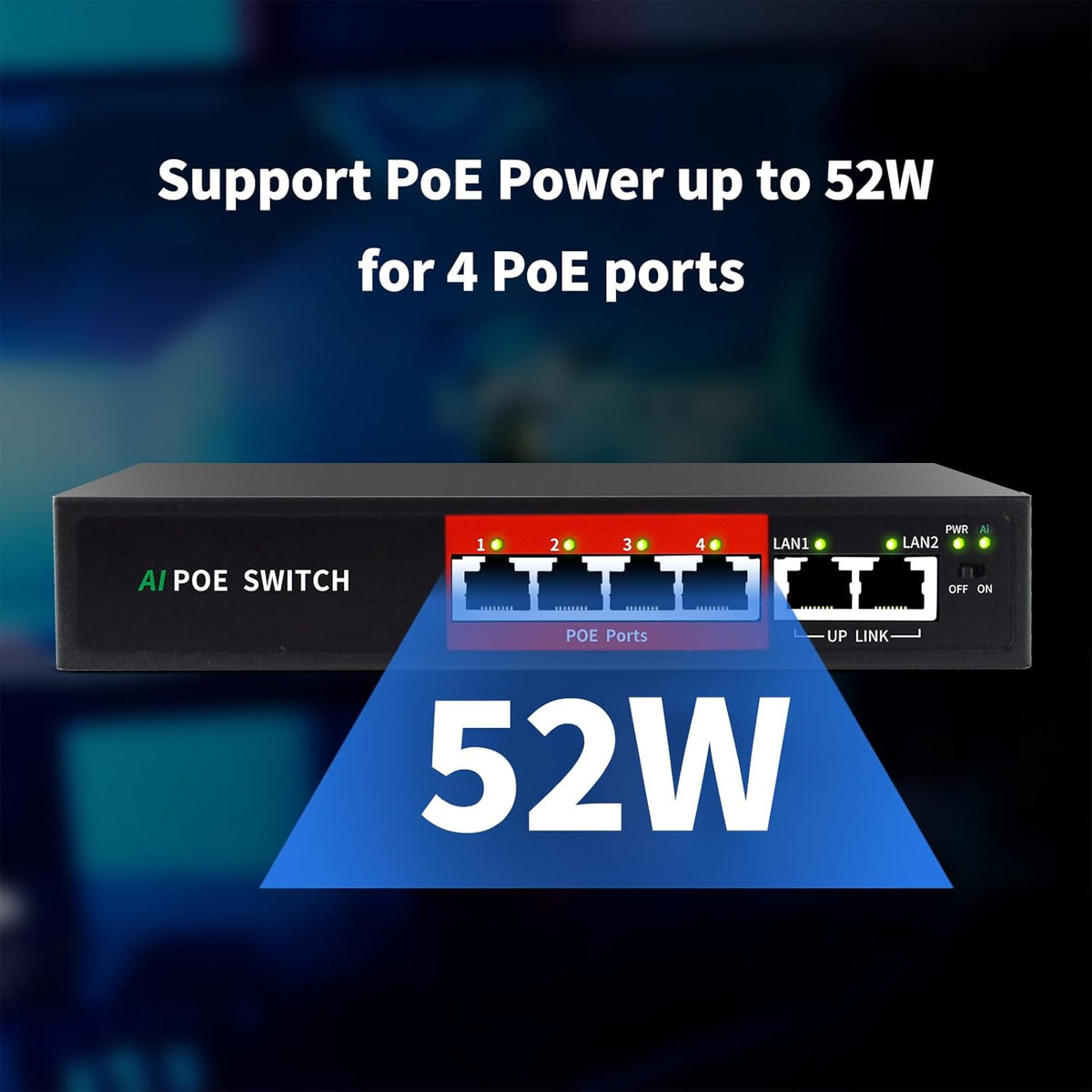 STEAMEMO AI PoE Switch, 52V 52W (4 POE Ports +2 Uplink) 100Mbps,802.3af/at, Unmanaged Network Extender Power Over Ethernet for IP, Extend Function,Metal Plug and Play