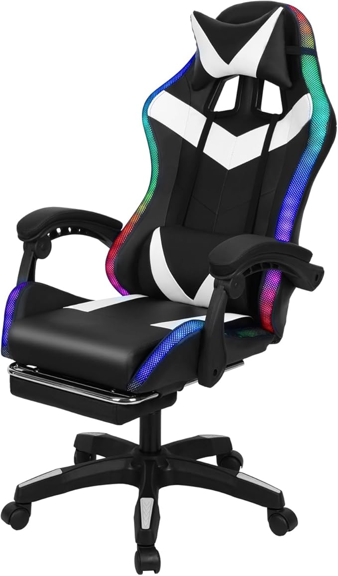 Gaming Chair Computer Chair with Footrest and Massage Lumbar Support Racing Executive Ergonomic Adjustable Swivel Task Chairs with Headrest and Lumbar Support (Black)