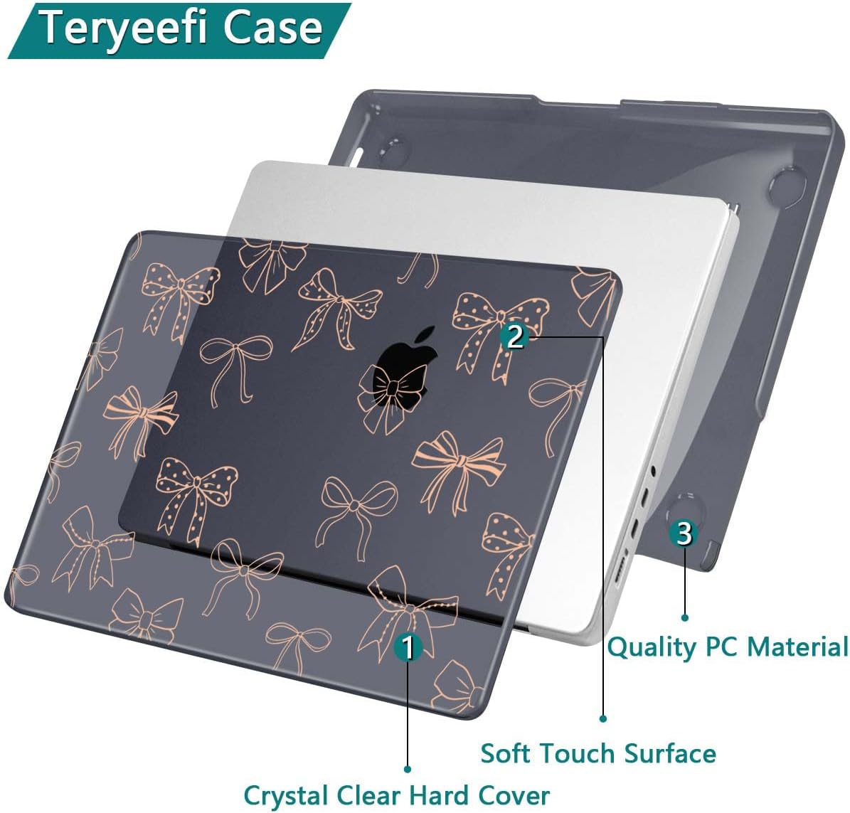 Teryeefi for MacBook Pro 14 inch Case M4 M3 M2 M1 Chip (2025 2024 2023 2021 Release) Model A3112 A3401 A3185 A2918 A2992 A2779 A2442, PC Hard Shell+Keyboard Cover+Type C Adapter, Gold Bows A003
