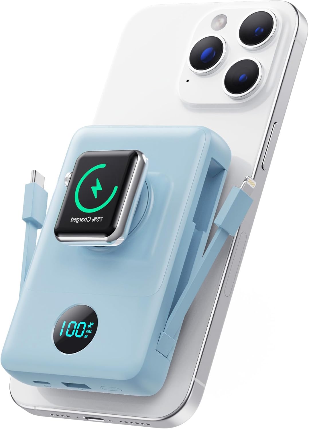Magnetic Portable Charger for iPhone with Built-in Cables, 6-in-1 10800mAh Power Bank with iWatch Charger & LCD Display,25W Fast Charging Battery Pack for iPhone 16/15/14/13/12,Apple Watch (Sky Blue)