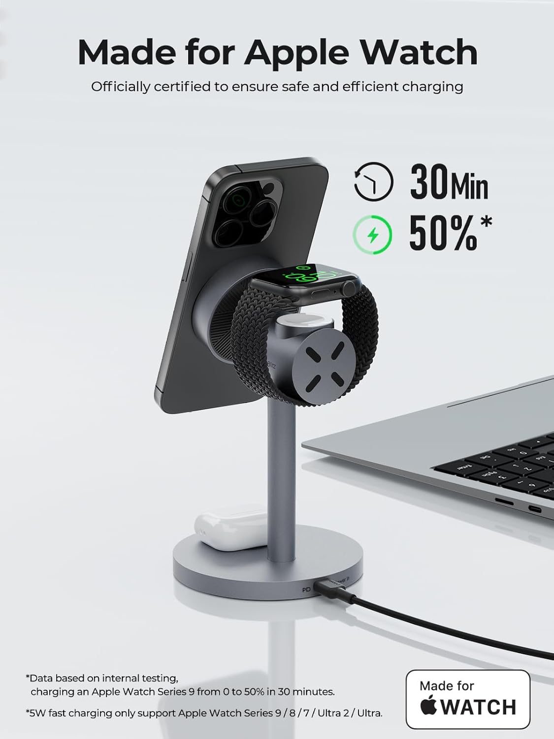 MagFusion 3-in-1 Charging Station Compatible with MagSafe, Qi2 Certified 15W Magnetic Wireless Charger Stand, for iPhone 16/15/14/13/12 Series, Apple Watch, AirPods(30W PD Charger Included)