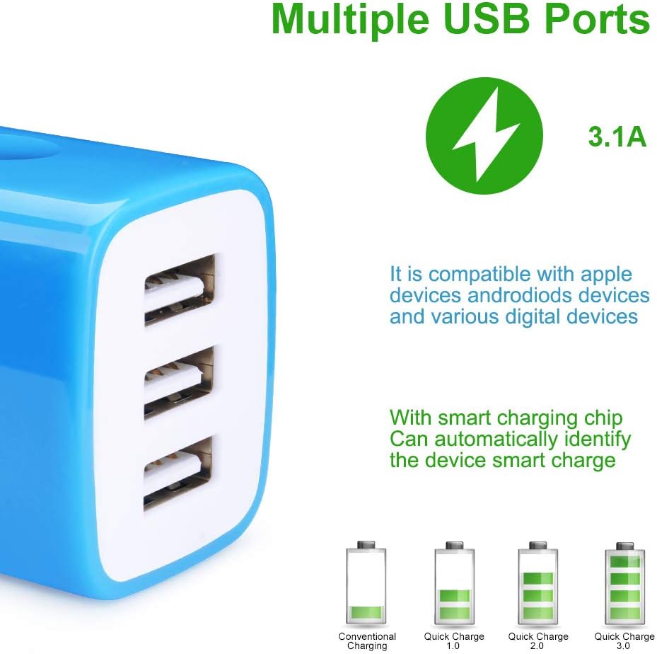 Wall Charger Adapter,USB Cubes,3Pack Universal Travel 3.1A 3 Muti Port Plug Charging Block Compatible with iPhone 16,15,14,13,12,SE 2020,11 Plus,Samsung GalaxyS24,S23,S22,S21 Ultra Plus FE, LG