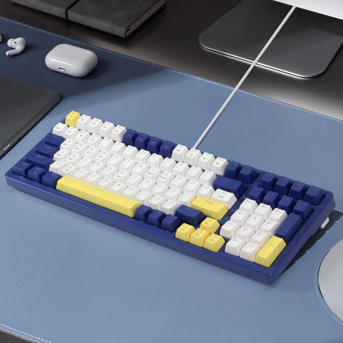 Wireless Mechanical Keyboard, Triple Mode 2.4G/USB-C/BT Gaming Keyboards 100 Keys Ice-Blue Backlit, Red Switch Keyboard | Rechargeable Mechanical Gaming Keyboards | Blue/White/Yellow