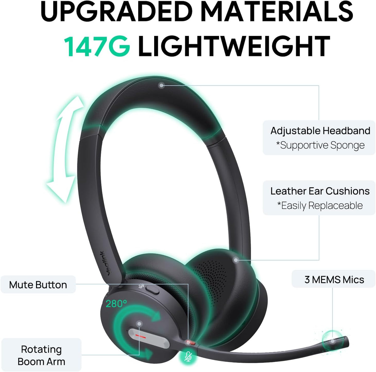 Yealink BH70 Dual Wireless Headset with Mic for Work, Bluetooth Headphone with Teams Certification, up to 35h Talk Time, 147g All-Day Wearing Comfort, Perfect for Open Office Home Hybrid Work, USB-A