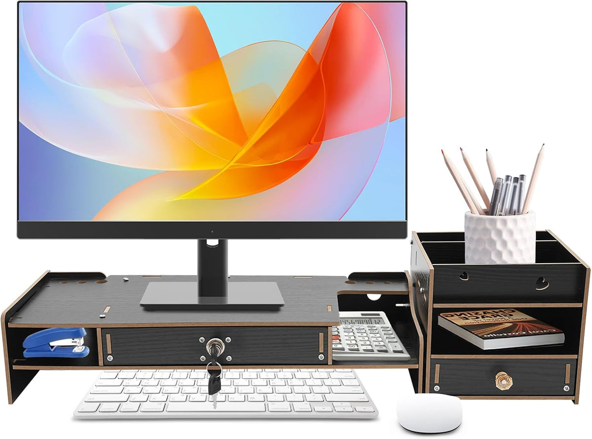 90 TFCFL Desktop Monitor Stand, Multi-Purpose Computer Monitor Booster Stand with Drawer, Adjustable Angle, Black MDF