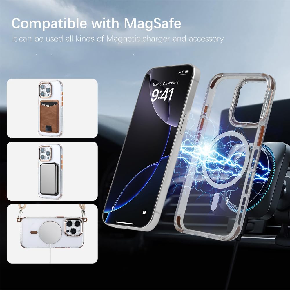 for iPhone 15 Pro Max Case with 62.99 inch Lanyard, Compatible with MagSafe, Shockproof Military-Grade Protection, Yellowing Resistant, Adjustable Strap Magnetic Cover, Classic Clear&Brown