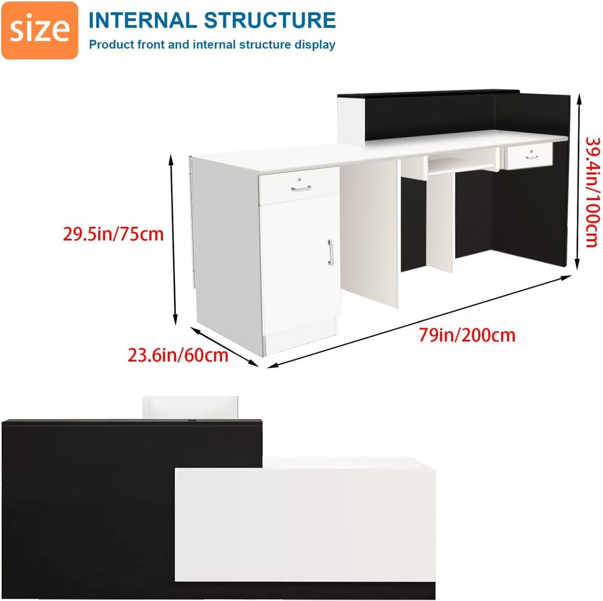 Reception Desk with Counter Modern Checkout Counter with Lockable Drawer Keyboard Tray Receptionist Desk for Office Salon Reception Table I Right 79inch/200cm
