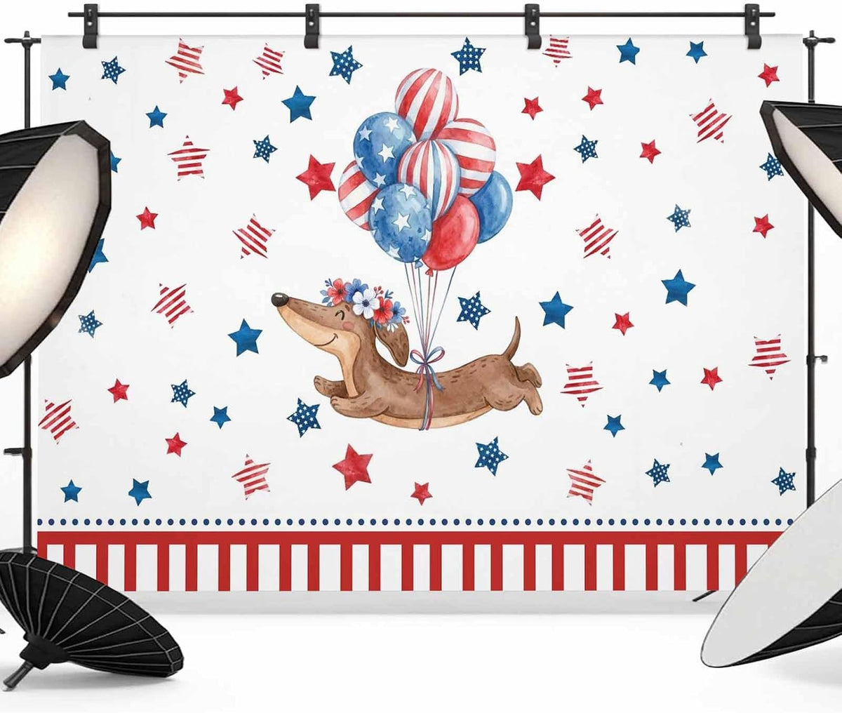 Generic 10 8 Independence Day Photo Backdrop for Photoshoot, x FT Flag Day Sausage Dog Blue Red Star Balloon Photo