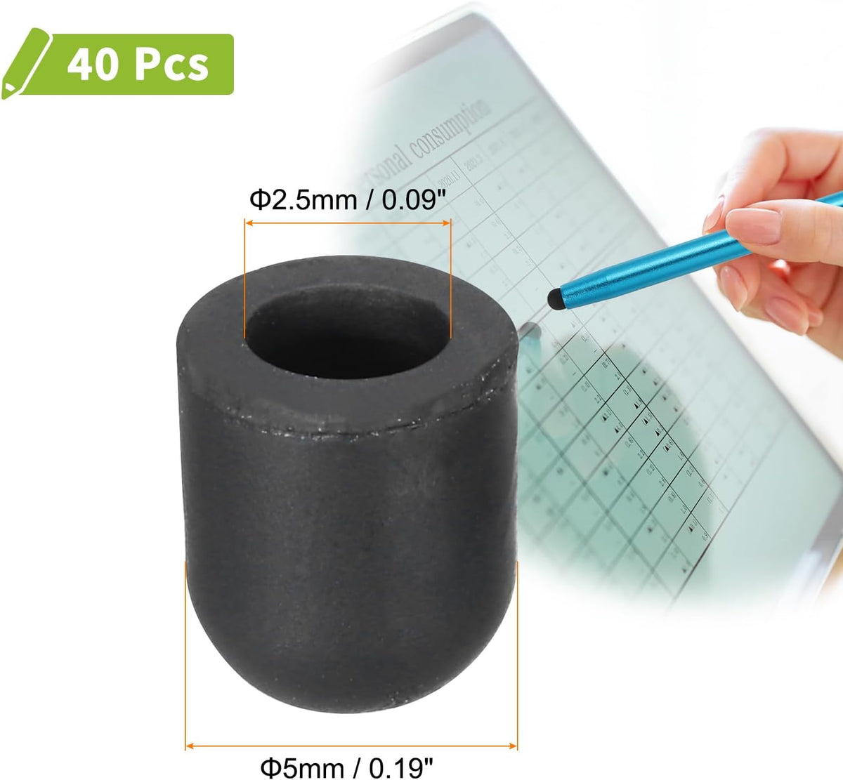 MECCANIXITY 40Pcs Replacement Stylus Pen Tips 5mm Conductive Capacitive Touch Screen Pens Tips Silicone Rubber, Black