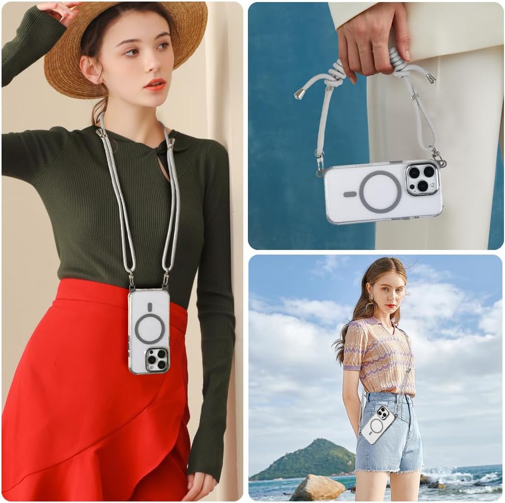 for iPhone 15 Pro Case with 62.99 inch Lanyard, Classic Clear&Gray Magnetic Phone Case, Drop&Shockproof Protection Cases, Phone Lanyard for Around The Neck, Compatible with Magnet Accessory