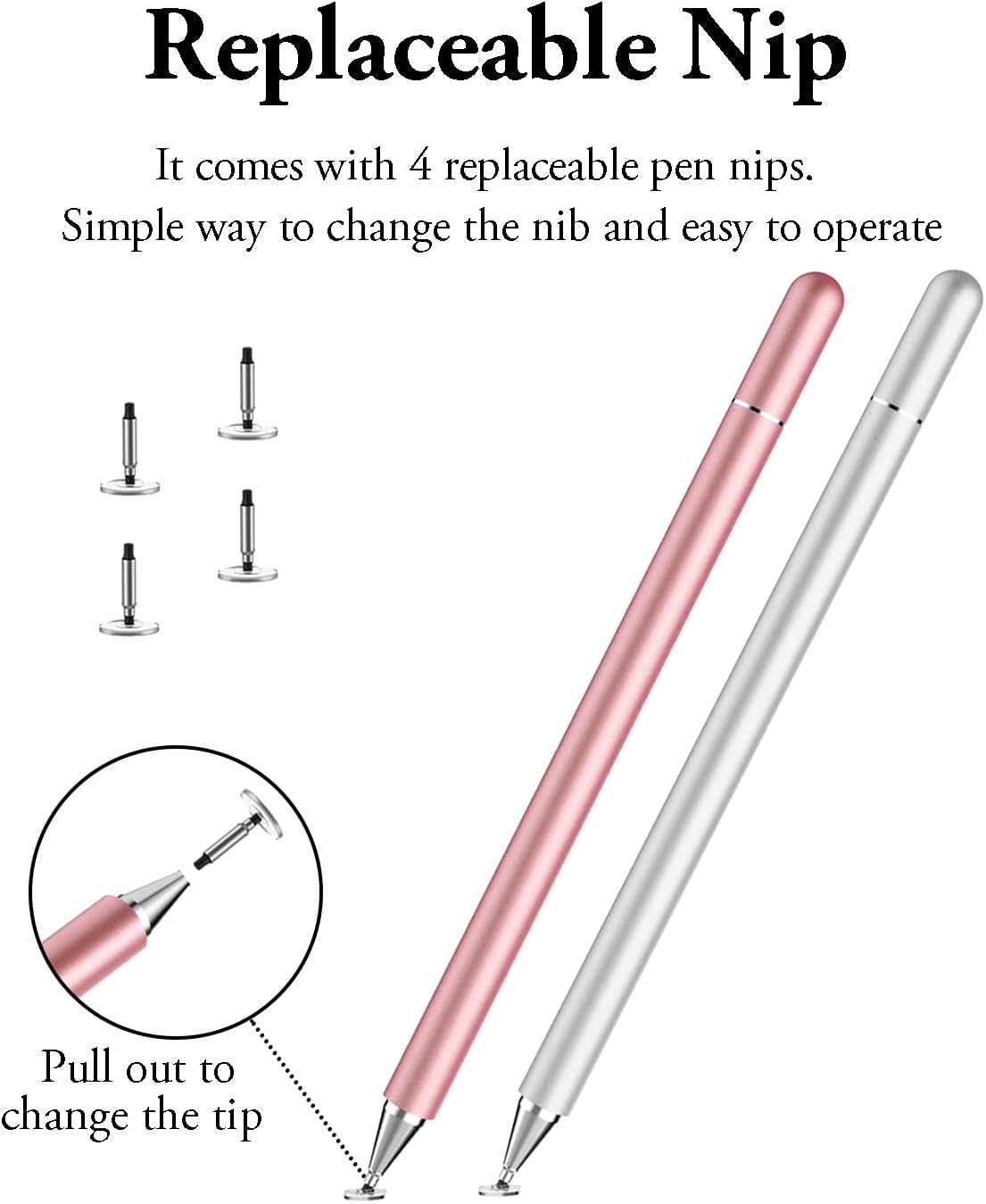 Stylus Pen for iPad, LUNTAK Stylus Pens for Apple/iPhone/Ipad pro/Mini/Air/Android/Microsoft/Surface All Capacitive Touch Screens Universal with 4 Replacement Tips (2 Pcs, Pink and Silver)