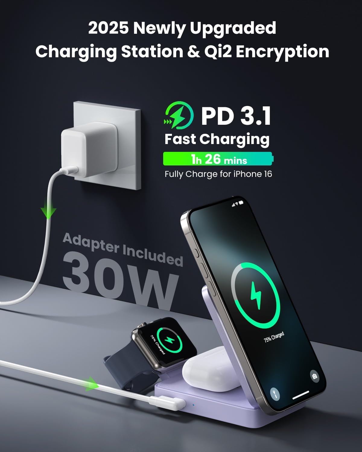 3-in-1 Wireless Charger Charging Station for iPhone, Qi2 Certified 15W Fast Charging Foldable Magnetic Charger Stand with 30W USB C Adapter for MagSafe iPhone 16/15/14/13/12, Apple Watch, AirPods