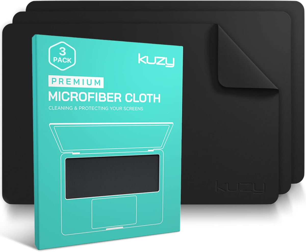 Kuzy 3 Pack Premium Microfiber Cleaning Cloth - Large Reusable Cloth for Glasses, Screens, MacBook Laptops, TVs, and Electronics - Scratch-Free, Lint-Free Cleaner, 3 Pack - Black
