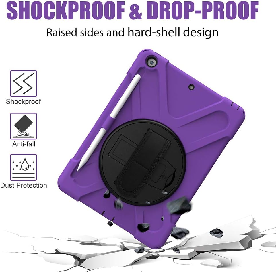 ZenRich Shockproof Case for iPad 9th/8th/7th Generation 10.2 inch 2021/2020/2019, Heavy Duty Rugged Case with Pencil Holder/360° Rotating Kickstand/Handle/Carrying Strap, Purple