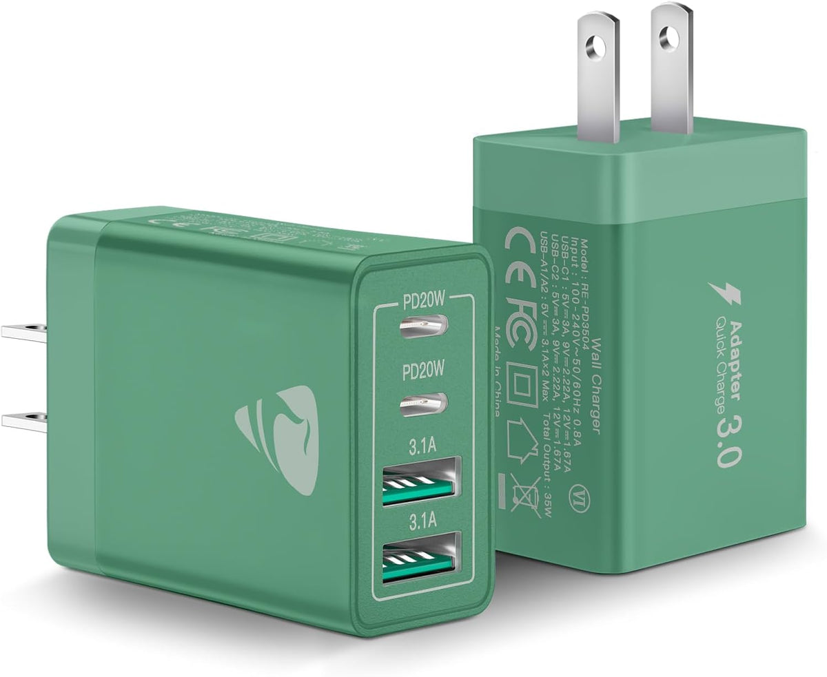 40W USB C Charger Cube, 2-Pack Wall Plug Fast Charging Block, 4-Port QC +PD Power Adapter Multiport Brick Type C Box for iPhone 16/15/14/13/12/11 Pro, XS/XR/8/7, Tablets, Cellphones Charger