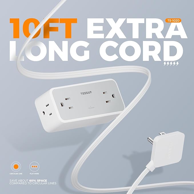 TESSAN Extension Cord 10 FT, Power Strip with 900J Surge Protection, Grey