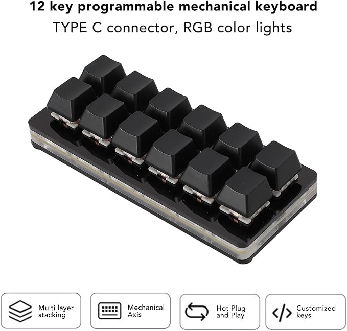 Denash 12 Key Mechanical Keyboard RGB Multifunctional Small Mechanical Red Switch Gaming Keyboard for PC Enjoy Shortcuts Customizable Scripts RGB Colorful Lights Light and Portable