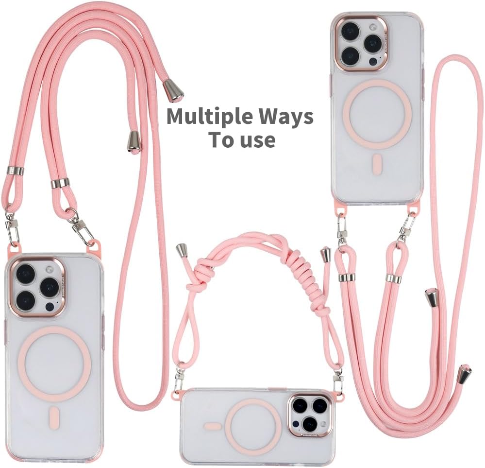 for iPhone 14 Pro Max Case with 62.99 inch Lanyard, Classic Clear&Pink Magnetic Phone Case, Drop&Shockproof Protection Cases, Phone Holder Lanyard, Compatible with Magnet Accessory