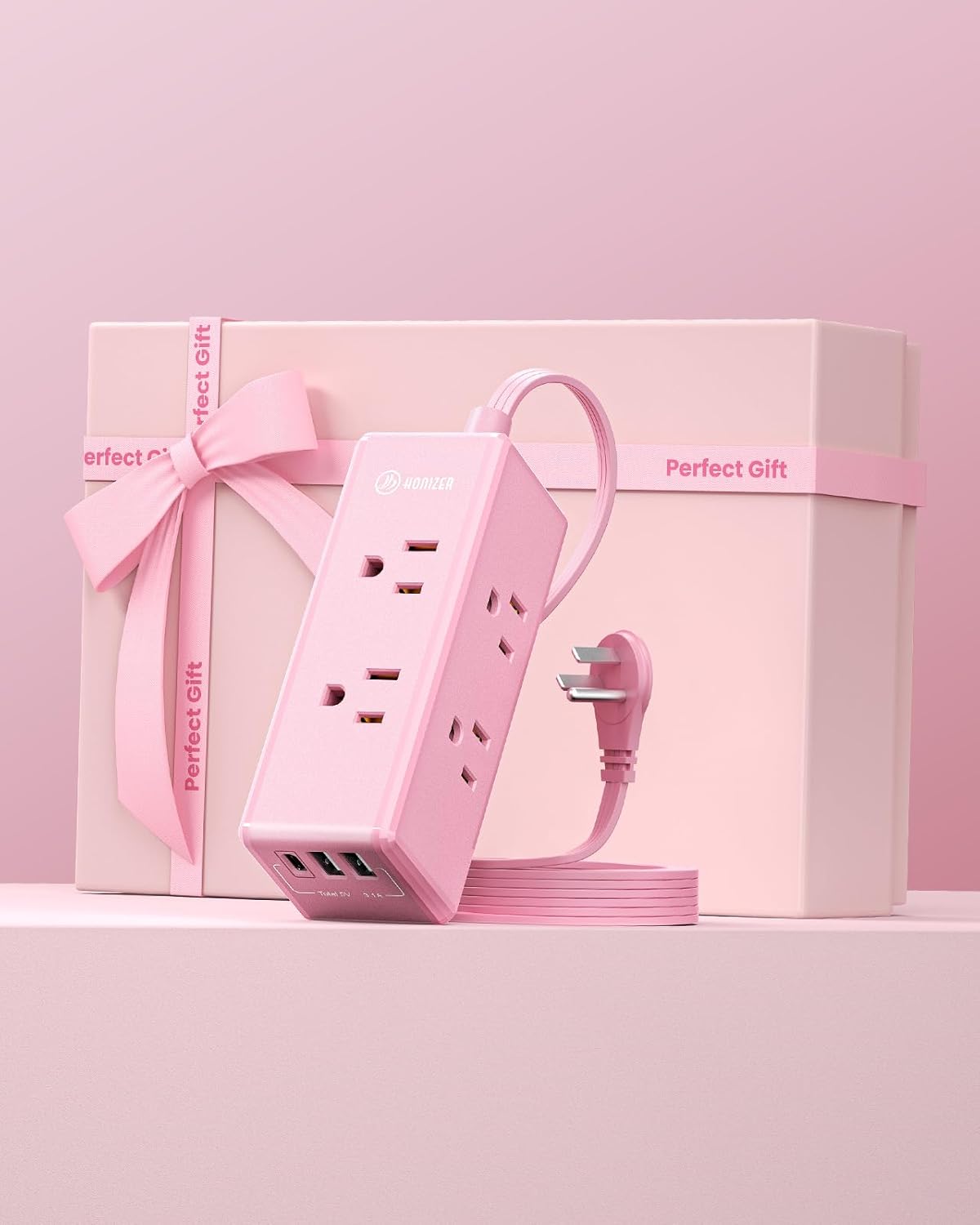 HONIZER 10ft 6 3 (1 Pink Extension Cord, Power Strip Flat Cord, Outlets & USB Ports USB-C), Cute,Wall Mount for Home