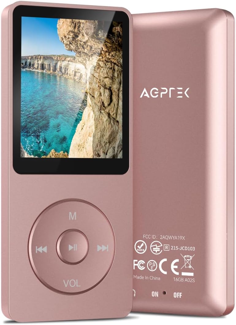 AGPTEK A02S 16GB MP3 70 128GB, Player, Hours Playback Lossless Sound Music Player, Supports up to Rose Gold