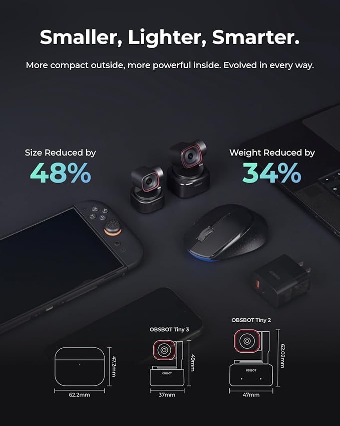OBSBOT Tiny 3 AI-Powered Spatial Audio 4K Webcam AI Tracking PTZ Camera with 1/1.28 Sensor Tri-Mic Voice &amp Gesture Control 120FPS HDR Web Cam for PC Laptop Streaming Meeting Switch 2 e