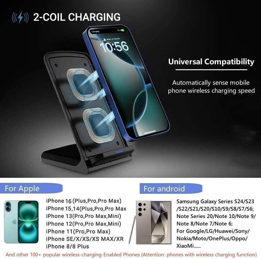 20W Fast Wireless Charger,Wireless Charging Stand Compatible with iPhone 16 Pro,15 Pro,15,14,13,12,11 Series/X/XS,Phone Charger for Galaxy S25/S24/S23/S22/Note 20,Pixel 8/7 Pro/LG G8 etc