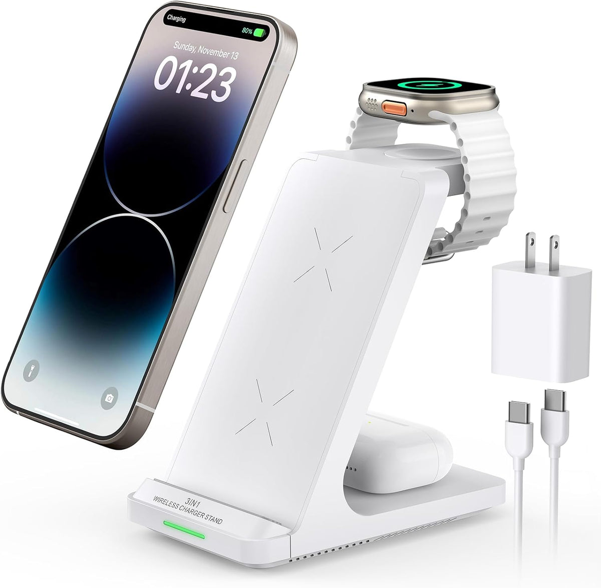 Wireless Charging Station, 3 in 1 Fast Wireless Charger Stand for Multiple Devices Apple Watch Ultra Series 10 9 8 7 6 SE 5 4 3 2, iPhone 16 15 14 13 12 11 Pro Max/Plus/Mini/X/XS/Max/XR/SE, Airpods