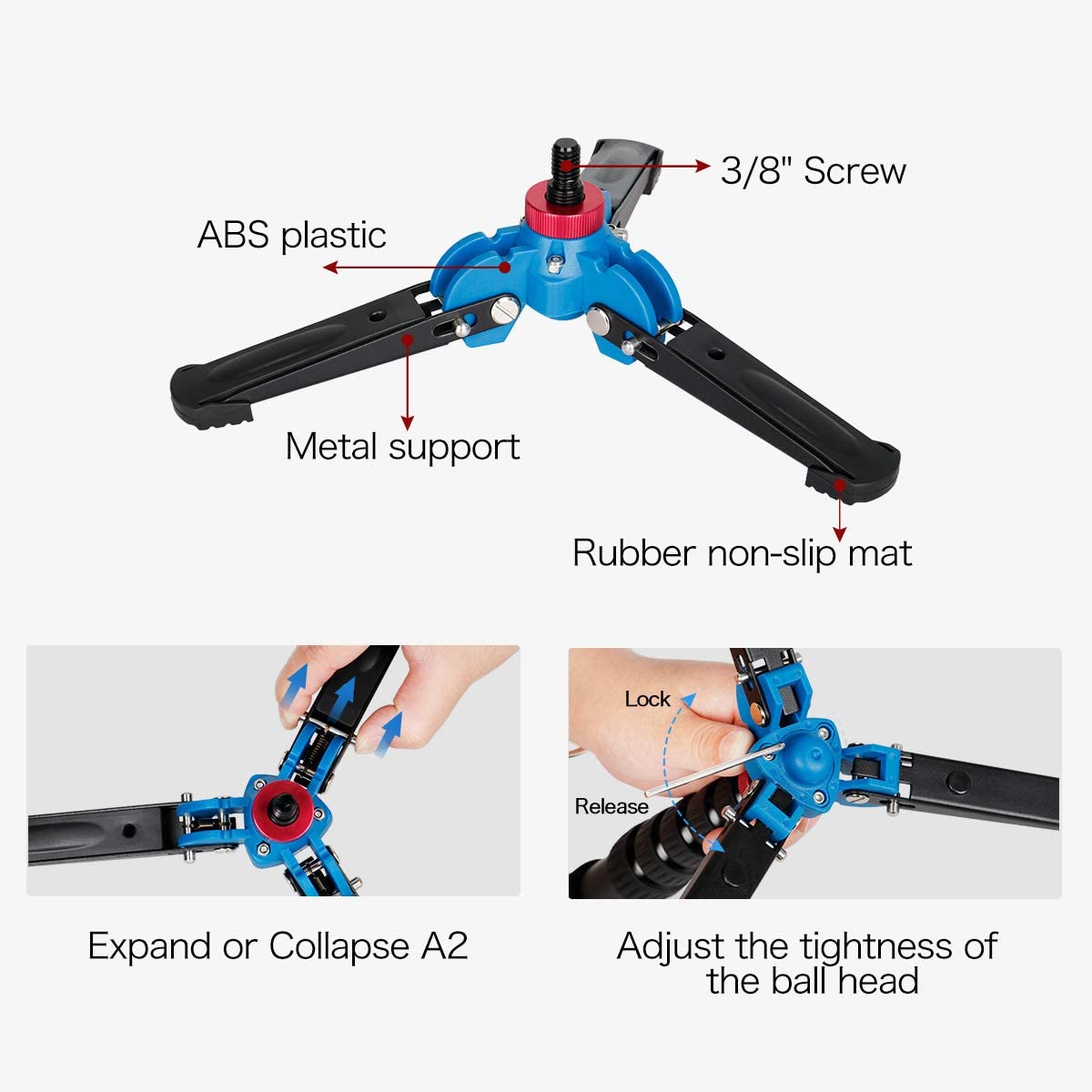 Koolehaoda Mini Tripod,Universal 3 Legs Monopod Base Stand Unipod Support with 3/8" Screw for Monopods Ballhead - A2