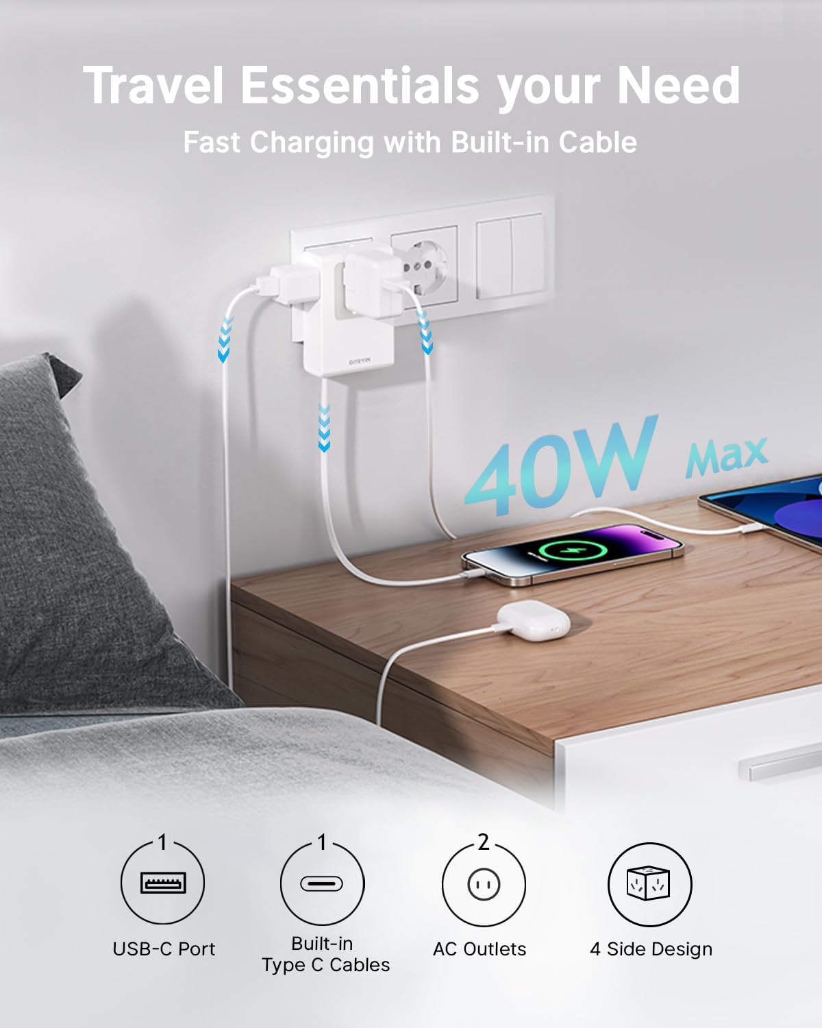Flat USB C Wall Charger with 31.5in Retractable Type-C Cable, 5-in-1 Slim Wall Charger, 40W Fast Charging Power Plug with 3 Outlets 1 USB C Port, Type A Power Adapter for US to Japan Travel