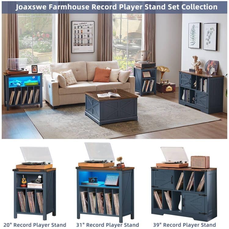 Large Record Player Stand with Charging Station & LED Lights, Vinyl Records Storage Holder Cabinet Holds up to 230 Albums, Turntable Stand for Music Room, Bedroom, Living Room, Office (Blue)