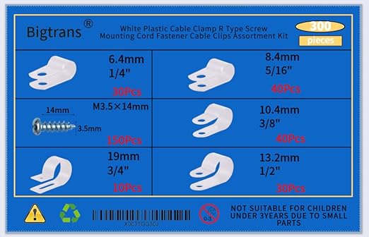 Bigtrans 300 Pcs Nylon Plastic R-Type Wire Clips with Screws 1/4" 5/16" 3/8" 1/2" 3/4" Clamps Fasteners Assortment for Cable Conduit -5 Size -White