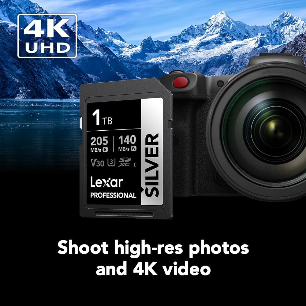 Lexar 1TB Professional Silver SD Card, UHS-I, C10, U3, V30, 4K, Up to 205/140 MB/s SDXC Memory Card, for Professional Photographer, Videographer, Enthusiast (LSDSILV001T-BNNNU)