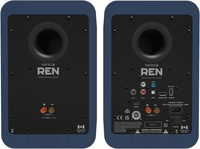 Kanto REN Blue Bluetooth Powered Bookshelf Speakers - Matte Blue Pair with a SUB8VMB Sealed Powered 8 Subwoofer - Vinyl Black (2024)