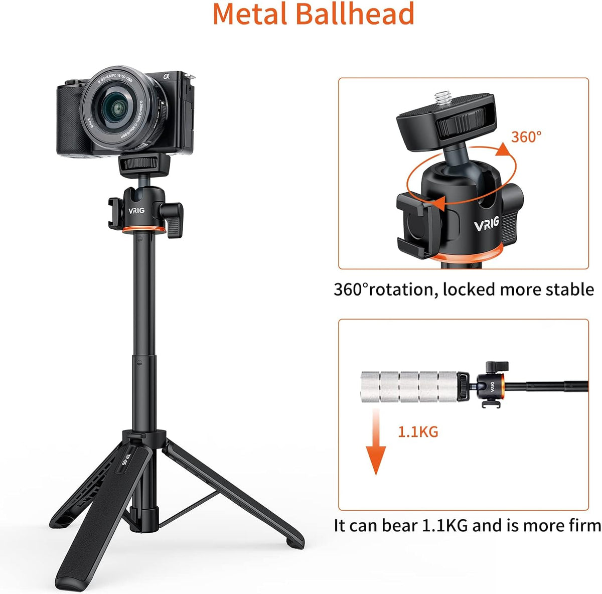 VRIG 21.6" Extension Pole Tripod, Mini Selfie Stick Tripod Stand Handle Grip for DJI Osmo Pocket 3,Insta 360 X5 Webcam Canon G7X Mark III Sony ZV-1 RX100 VII A6400 A6600 Cameras Vlogging